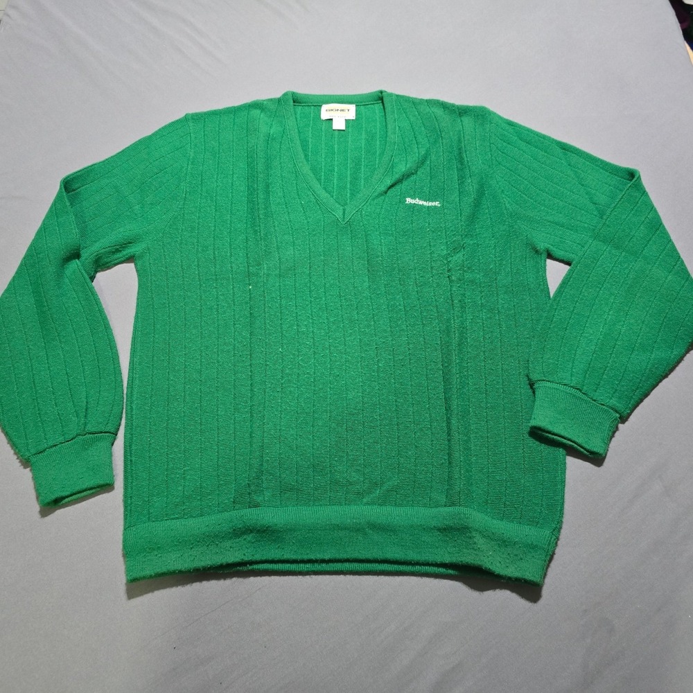 Signet Budweiser Sweater Mens Large Green Vintage V-Neck Ribbed Acrylic USA Made